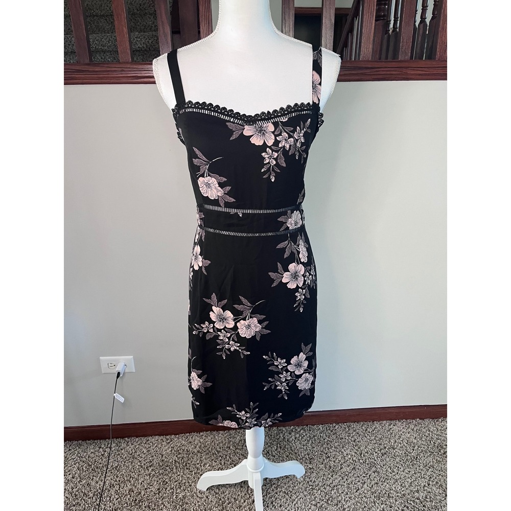 Sugar Lips Black Pink Floral Lace Trim Cut Out Midi Dress STD12323 L